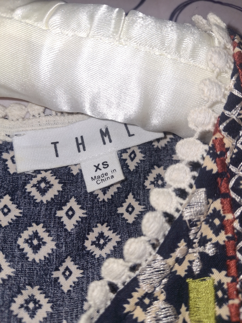 THML Boho Embroidered Navy Diamond Print Women's Top - Picture 2 of 5